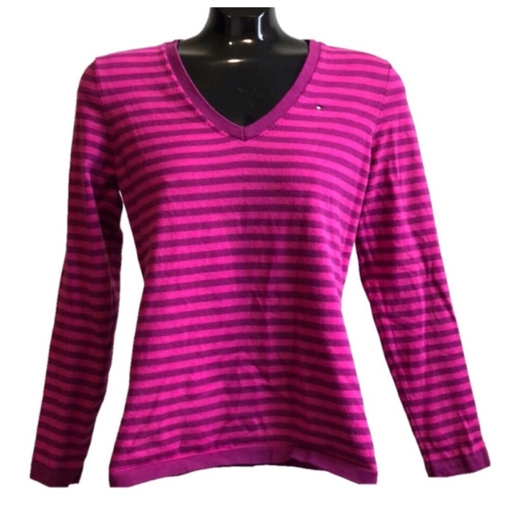 Tommy Hilfiger Pink and Purple Striped V-Neck Sweater, Size M